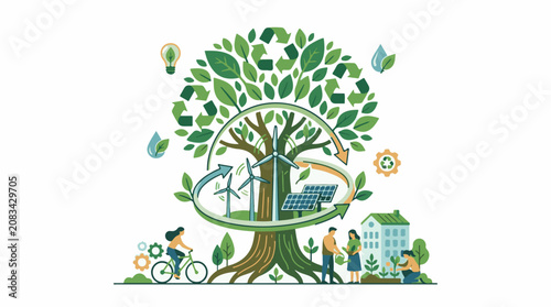 Diverse elements of sustainable living intertwined around a tree