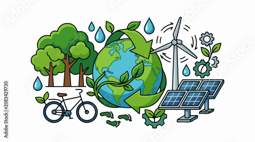 Diverse elements of environmentalism and sustainable living depicted in cartoon style