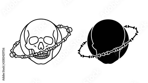 Canvas Print Skull Orbit: Two distinct cosmic orbs, one a stark skull in outline form with a ring of skeletal fragments, and the other a solid black silhouette of a head, also encircled by the bone-like ring