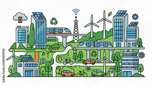 Diverse elements of a futuristic eco-friendly cityscape shown