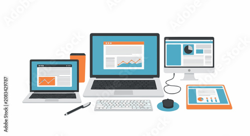 Diverse electronic devices displaying data analytics on screens