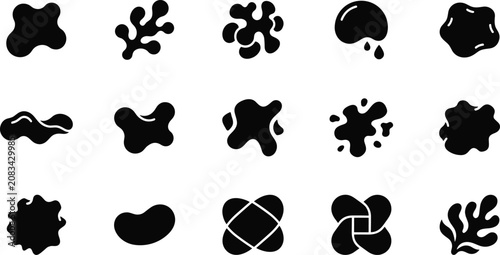 Foto Set of black liquid ink blot and organic blob shapes for creative design element