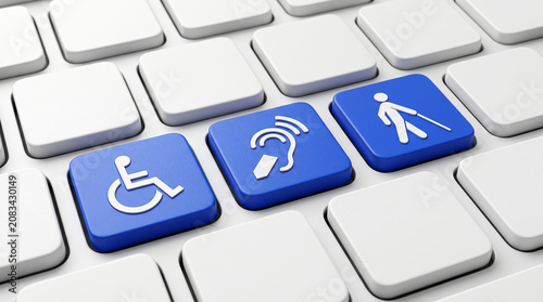 Activating digital inclusion via three blue accessibility keys on a white computer keyboard representing social rights for the disabled.