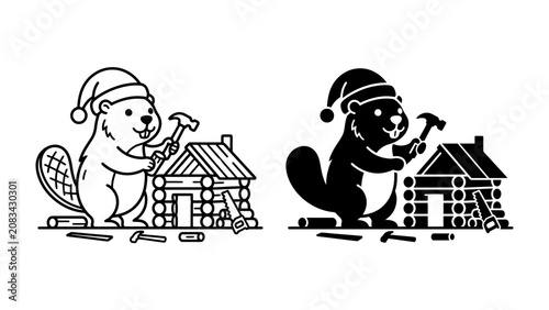 Beaver Building a Log Cabin: A charming cartoon beaver wearing a Santa hat is busy building a log cabin, holding a hammer and looking focused.