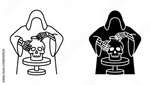 Konstfotografi Grim Reaper's Craft: A figure cloaked in a hood, representing death or fate, is depicted crafting a skull on a pottery wheel, symbolizing mortality and the transient nature of existence