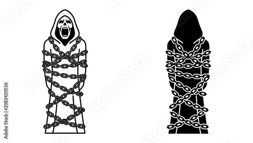 Картината върху платно Chained Soul: A spectral figure, bound by heavy chains, embodies the struggle of being trapped and ensnared