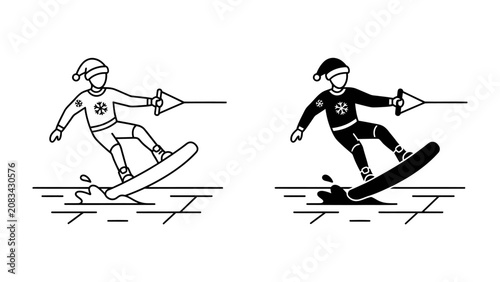 Photos Christmas Waterskier: A festive waterskier wearing a Santa hat and a snowflake-emblazoned shirt glides across the water on a wakeboard, a silhouette of holiday cheer and exhilarating fun