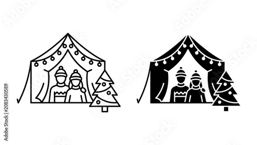 Fotografía Christmas Tent Icon: A simple yet festive illustration of two figures under a tent adorned with Christmas lights and a decorated tree, symbolizing holiday cheer and winter celebration