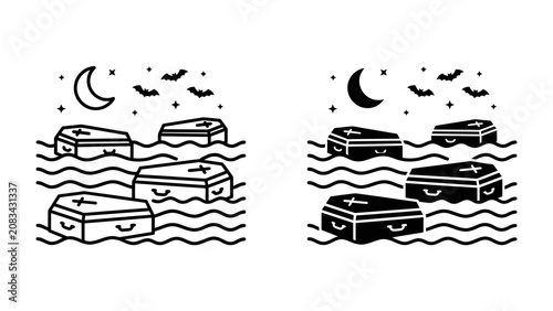 Quadro su tela Nightmare on Elm Street: A collection of ominous coffins floats adrift on choppy waters under a crescent moon, surrounded by the silhouettes of bats, creating a spooky and macabre Halloween scene