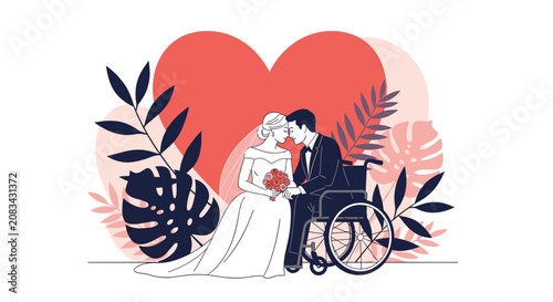 Tender moment between a beautiful bride and her groom in a wheelchair celebrating their romantic wedding day.