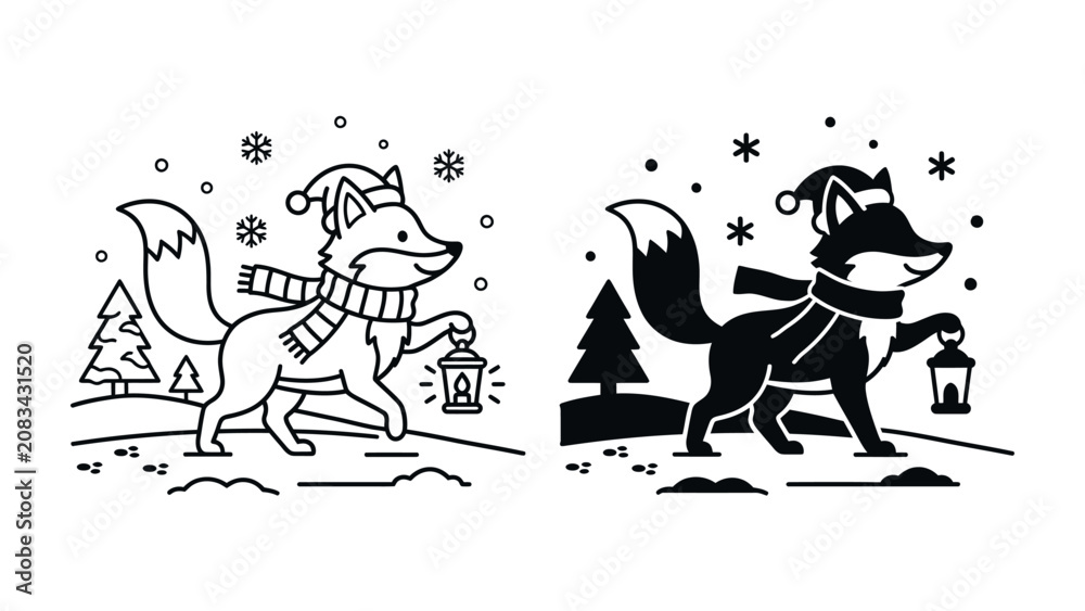 Fototapeta premium Winter Fox with Lantern: A charming fox, adorned with a festive hat and scarf, carries a glowing lantern through a snowy landscape, accompanied by stylized snowflakes and pine trees.