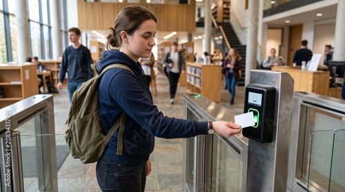 A student with a backpack uses a key card to access a secure entry gate within a modern building, showcasing access control technology and daily life.