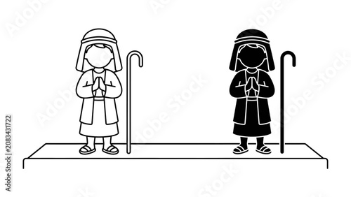 Fotografija Shepherd Illustration: A simple line art and silhouette illustration of a shepherd holding a crook and praying, representing faith and guidance