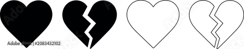 Obraz na płótnie Set of heart icons, one solid black and one broken, with outline versions