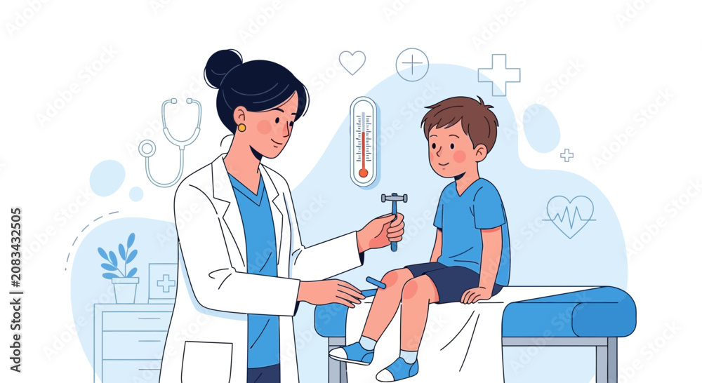Obraz premium Pediatrician Examining Boy's Reflexes During a Regular Medical Examination Illustrated in Modern