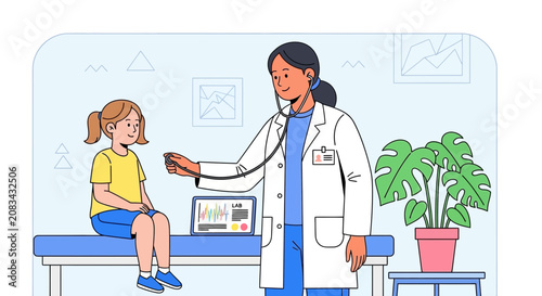 Pediatrician Examining Little Patient In Clinic During Medical Checkup Vector Illustration