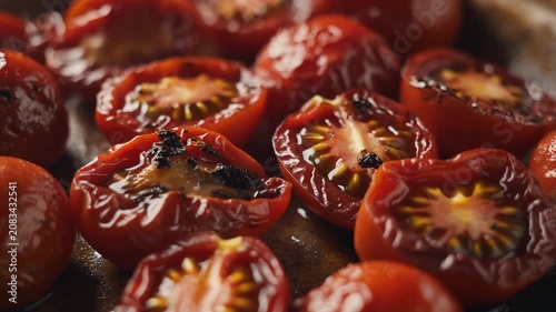 Ultra realistic cinematic footage of roasted cherry tomatoes, wrinkled and glistening, no people, 4K UHD