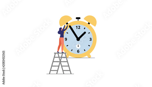 Active woman stands on a stepladder to carefully adjust the bells on a giant yellow alarm clock indicating time management.