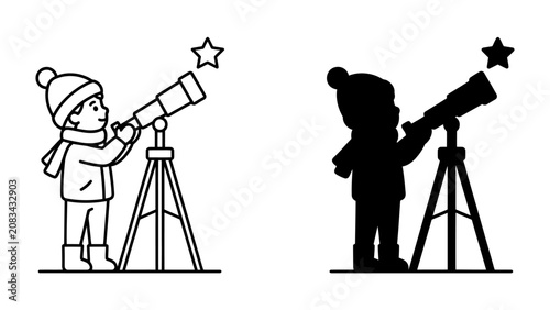 Canvastavla Child with Telescope and Star: A child bundled in winter attire, complete with a hat and scarf, gazes through a telescope at a distant star, symbolizing curiosity and the wonders of the universe