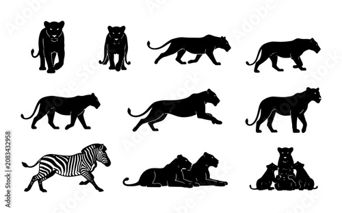 Canvas Print Silhouette Big Cats Vector Icons, Wild Animal Set, Panther, Lion, Zebra Graphics