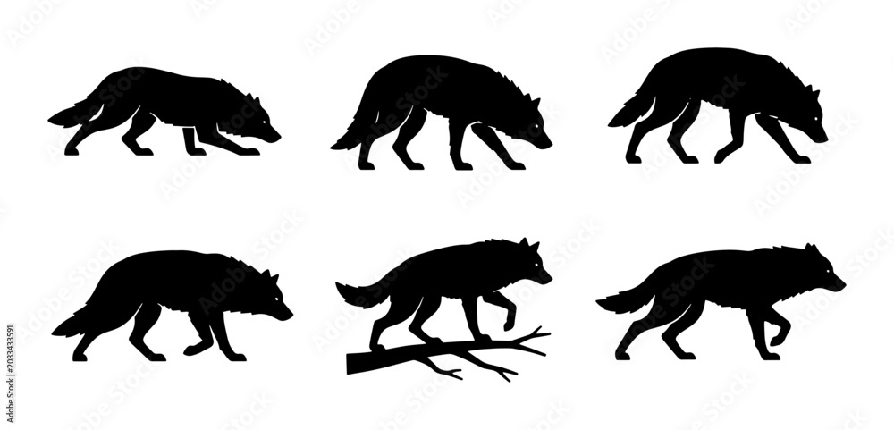 Obraz premium Wolf Silhouettes Collection, Wild Animal Vector Icons, Canine Wildlife Graphics, Forest Predator Set, Black and White Animal Art