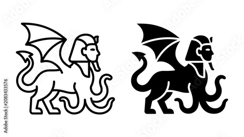 Εκτύπωση καμβά Sphinx with Wings and Tentacles: A graphic illustration of a mythical sphinx, featuring Egyptian pharaoh headdress, dragon wings, and octopus tentacles, presented in both line art and silhouette