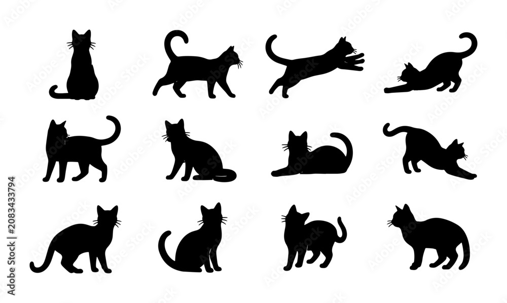 Obraz premium Silhouette Cat Collection, Diverse Poses Vector Set, Black Feline Icons for Graphic Design and Pet Themes