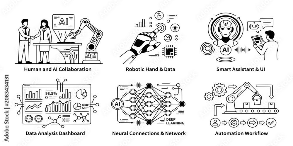 Fototapeta premium Artificial Intelligence Business Technology Vector Illustration Featuring Smart Robot Assistant, Data Analysis, Machine Learning, Automation Workflow and Future Digital Innovation Concepts