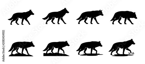Schilderij op canvas Wolf Silhouette Animation Sequence, Canine Walking Cycle Vector Icons, Wild Anim