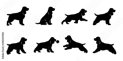 Cocker Spaniel Dog Silhouettes, Set of 8 Poses, Black Vector Graphics for Pet Lovers and Animal Graphics