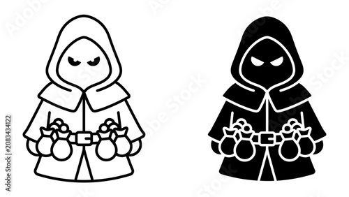 Foto Mystery Figure with Coin Bags: Two stylized icons depict a hooded figure with a menacing gaze, clutching multiple money bags at their waist, symbolizing mystery, wealth, or illicit dealings