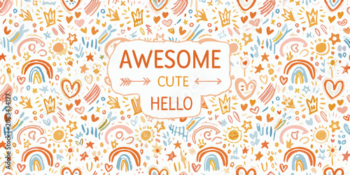 Schilderij op canvas Colorful hand drawn doodle pattern with rainbows hearts and stars
