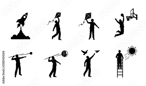 Фотография Silhouette Icons: Rocket Launch, Kite Flying, Basketball, Javelin Throw, Bird Fe