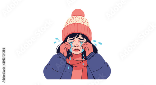 Sad little girl wearing a pink winter hat and scarf crying with large tears streaming down her face in the cold.