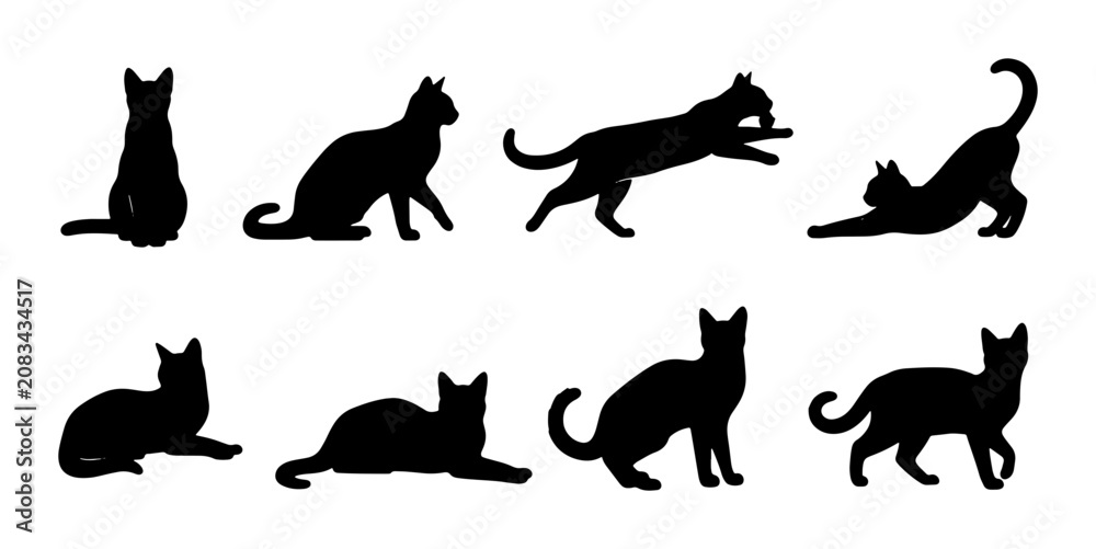 Obraz premium Black Cat Silhouettes Vector Set: Diverse Poses, Elegant Feline Forms, Minimalist Animal Graphics for Design
