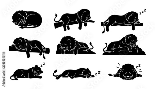 Canvas Print Sleeping Lion Vector Icons, Feline Wildlife Silhouettes, Majestic Big Cat Poses,