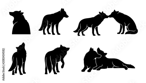 Wolf Silhouette Collection, Wild Animal Vector Icons, Nature Wildlife Graphics, Canine Spirit Symbols, Pack Behavior Poses