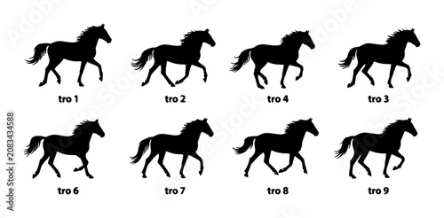 Horse Silhouette Animation Sequence, 9 Poses, Gallop and Trot Cycles, Black Vector Art for Motion Graphics and Design