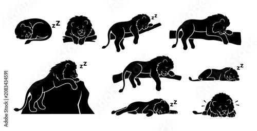 Sleeping Lion Vector Icons Set, Wildlife Animal Silhouettes, Peaceful Mammal Poses Collection, Black and White Graphic Elements
