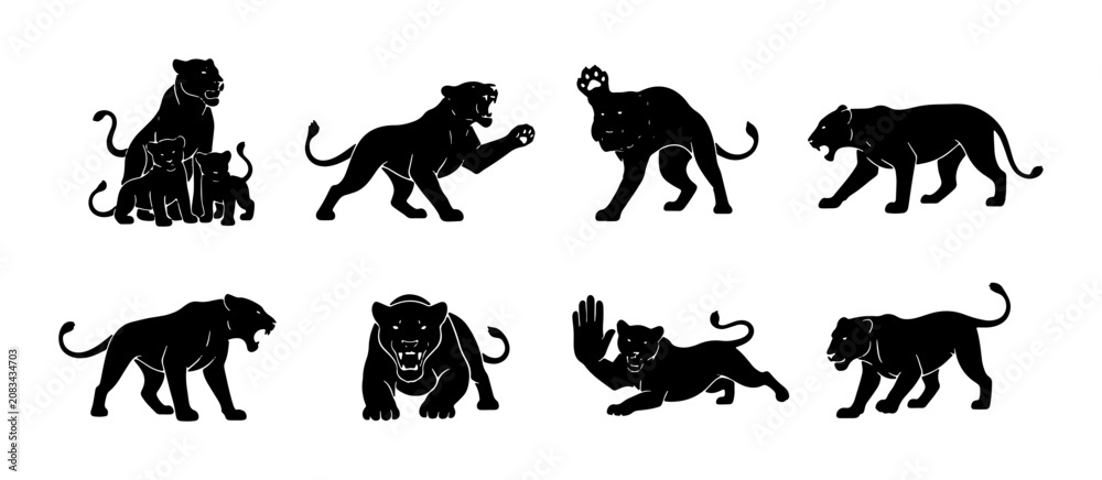 Obraz premium Black Panther Silhouettes Collection, Wild Cat Poses Vector Set, Majestic Feline Graphics, Powerful Big Cat Icons, Elegant Animal Illustrations