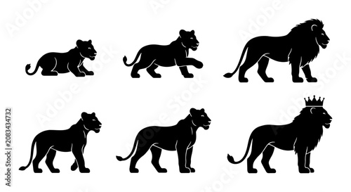 Lion Silhouette Collection: Majestic King, Cub, and Lioness Icons for Wildlife Branding, Animal Kingdom Graphics, and Safari Themes