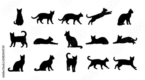 Black Cat Silhouettes Collection, Diverse Poses Vector Set, Feline Animal Icons for Graphic Design and Pet Branding