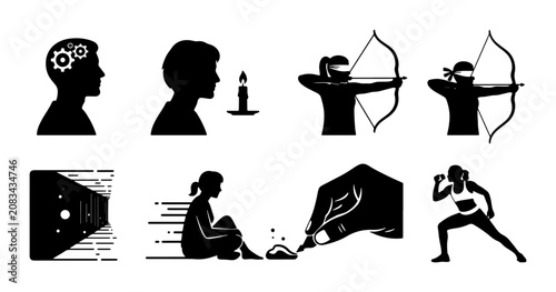 Silhouette Icon Set: Brainstorming, Meditation, Archery, Running, Vision, and Fitness Concepts, Black and White Vector Graphics for Creative Projects