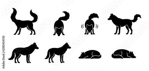 Set of 8 Black Fox Silhouettes, Dynamic Poses, Vector Graphics for Wildlife and Nature Designs
