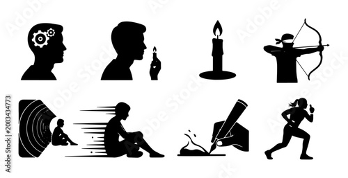 Silhouette Icons: Brainstorming, Inspiration, Focus, Strategy, Creativity, Action, and Progress Vector Set