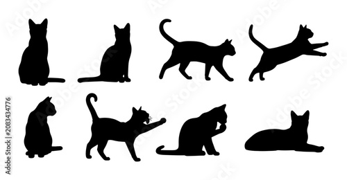 Diverse Cat Silhouettes Collection, Black Feline Poses Vector Set, Domestic Animal Graphic Elements for Design