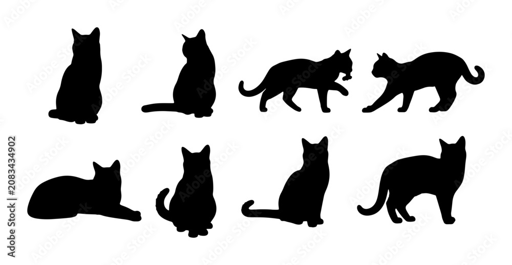 Fototapeta premium Black Cat Silhouettes Vector Pack: Feline Poses Collection, Elegant Pet Icons for Design