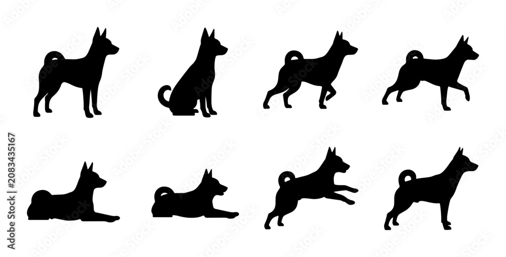 Obraz premium Set of 8 Shiba Inu Dog Silhouettes, Vector Icons for Pet Lovers, Canine Poses Collection, Black and White Graphic Elements