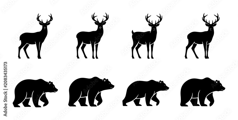 Fototapeta premium Set of Four Black Deer Silhouettes, Forest Wildlife Icons, Woodland Animal Vector Graphics, Nature Mammal Illustrations