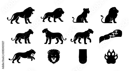 Photography Lion Silhouettes Collection, Majestic Feline Poses Vector Set, Wild Animal Icons